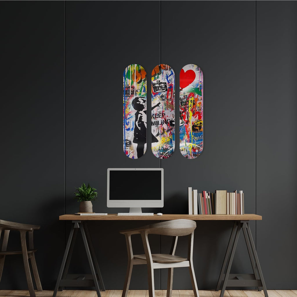 SUPER FABRIQUE Planche Alu forme Skate Board pour décoration murale, Keep Smiling inspired by Mr Brainwash, pour une déco originale (3 Planches)