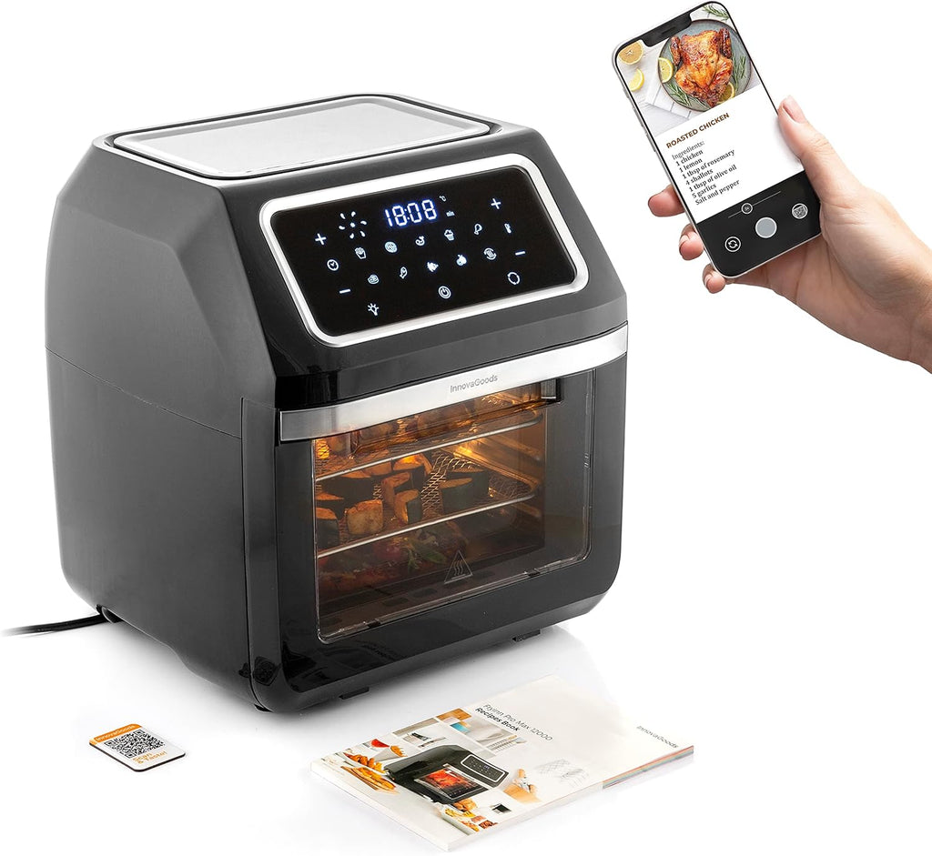 InnovaGoods Air fryer 12L, friteuse sans huile 1800W avec +100 recettes en FR. Friteuse à air avec 8 accessoires, 10 programmes, écran tactile, four à air chaud avec fenêtre et lumière intérieure.