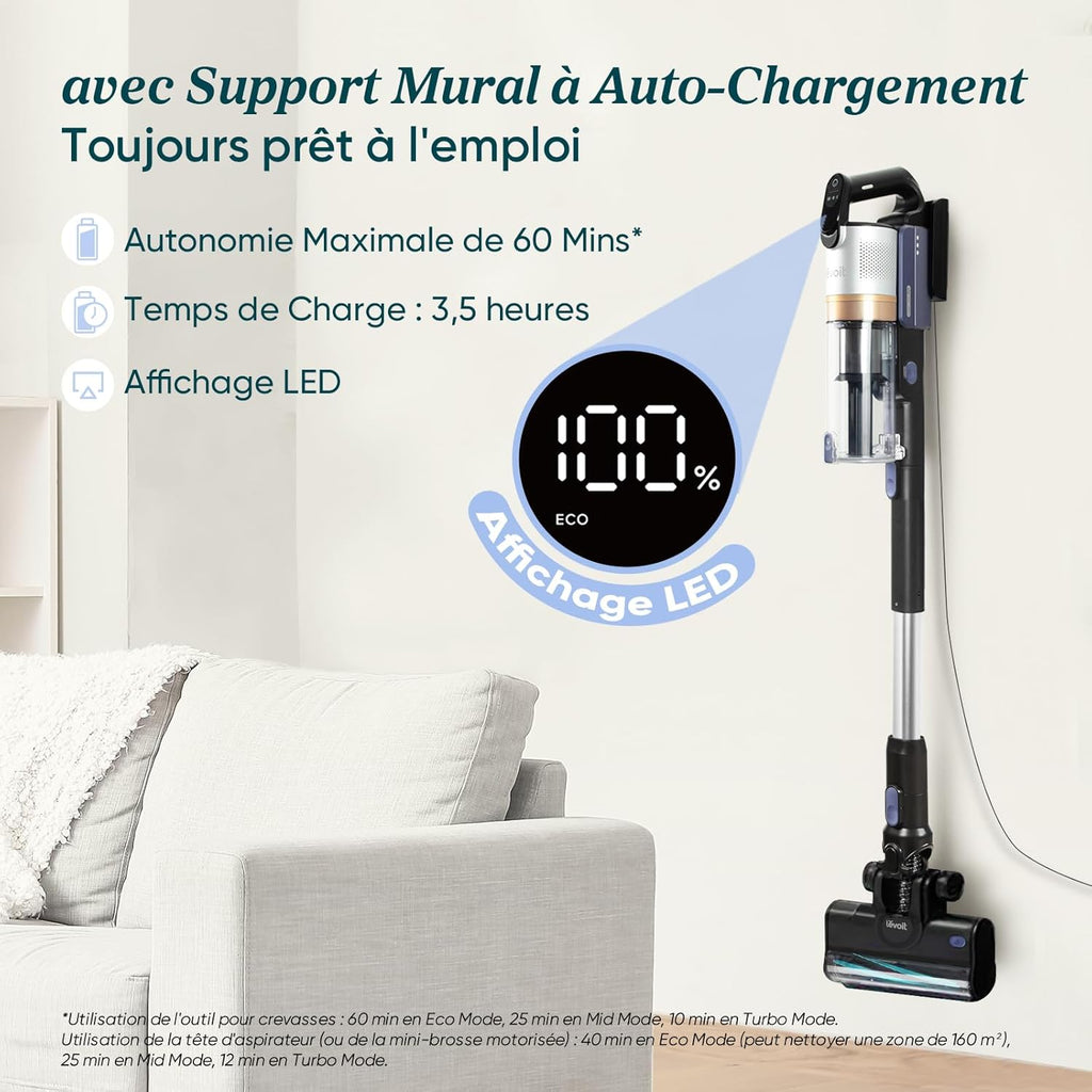 LEVOIT Aspirateur Balai sans Fil, Anti-emmêlement, Filtration HEPA à 99,99 pour cent 240 W Puissante, jusqu'à 60 Min, Affichage LED, avec Mini Brosse Turbo pour Sols, Poils d'animaux Balai Électrique