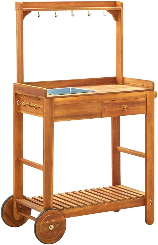 RAUGAJ Chariot de cuisine de jardin en bois d'acacia massif 92 x 43,5 x 141,5 cm, matériau de l'article : bois d'acacia massif avec finition huilée