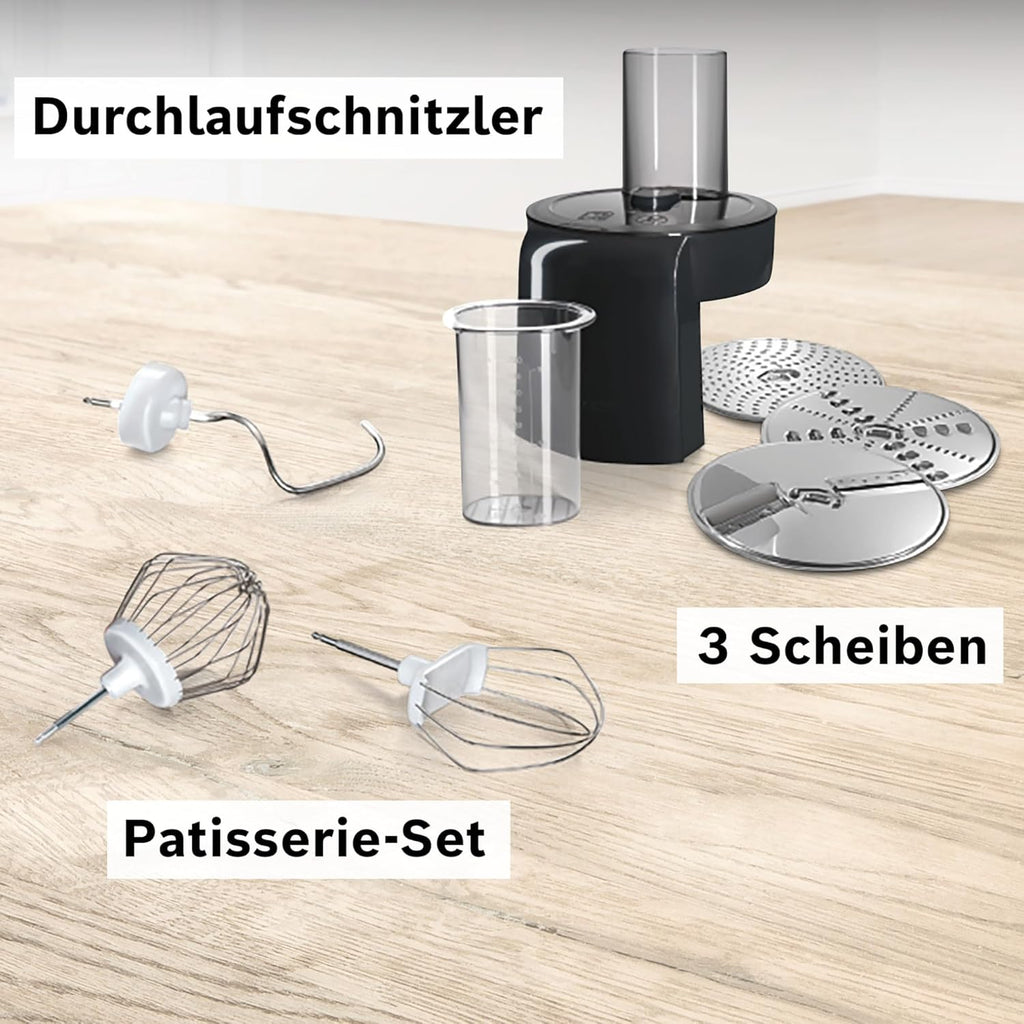 Bosch MUMS2EB01 Robot de cuisine MUM Serie 2, 700 W, bol en acier inoxydable 3,8 L, hachoir et 3 tranches, kit de pâtisserie en acier inoxydable, noir