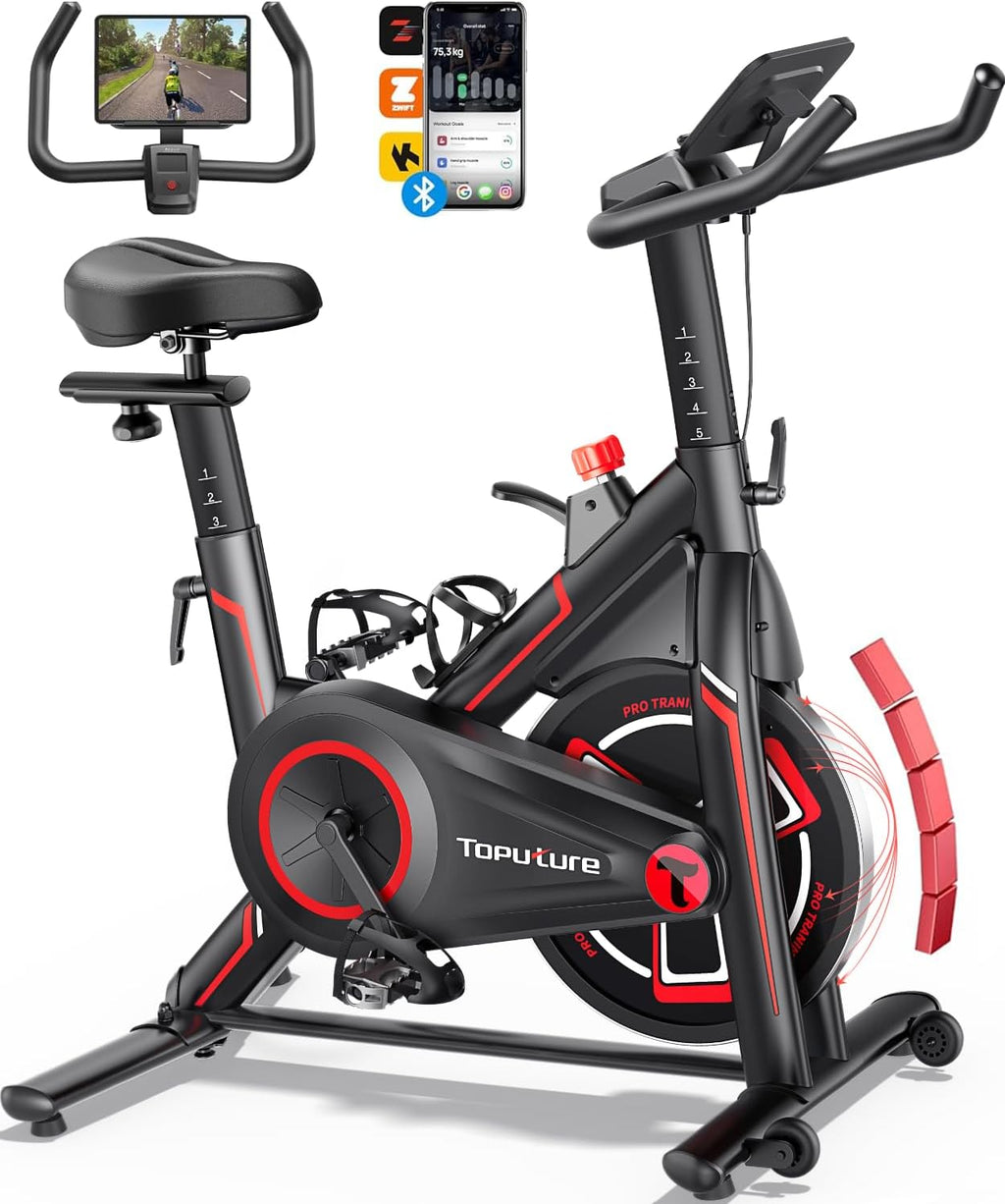 TOPUTURE Vélo D'appartement Connecté APP,Velo D appartement Résistance Magnétique 100 Niveau,Silencieux,LCD Ergomètre,Vélo Exercice Cardio Machine,Personnaliser Votre Sport Maison,Capacité 150KG