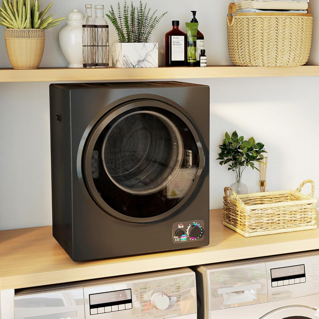 HOMCOM Sèche-linge à évacuation portable, sèche-linge électrique 850 W, 4 Kg, 4 modes de séchage, 2 niveaux de chauffage, cuve en acier inoxydable, installation murale, pour appartement dortoir, noir