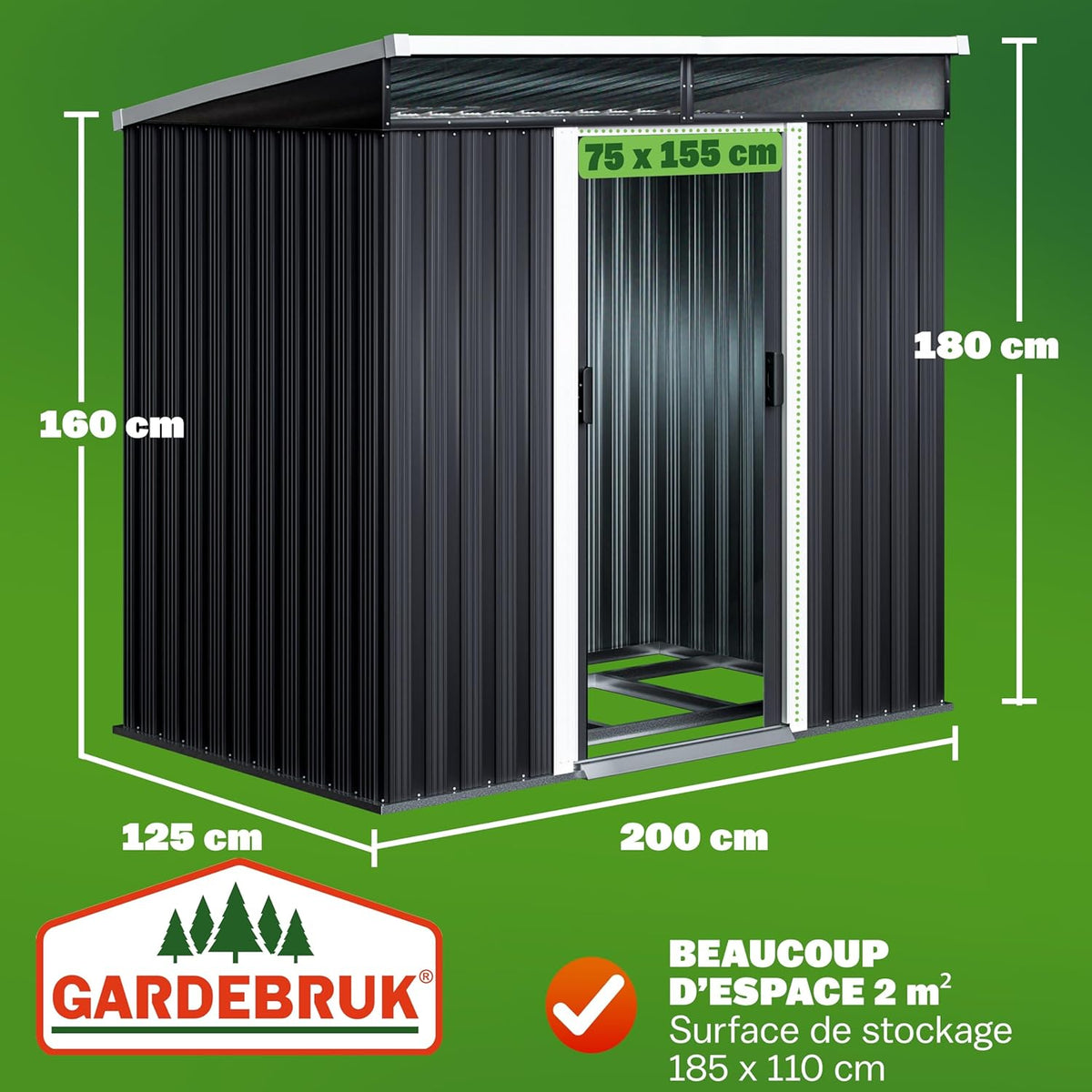 GARDEBRUK Abri de Jardin L 3,4m³ Fondation Incluse 196x122x180cm 2 fenêtres Anthracite cabane de Jardin cabanon abri Outils Jardinage