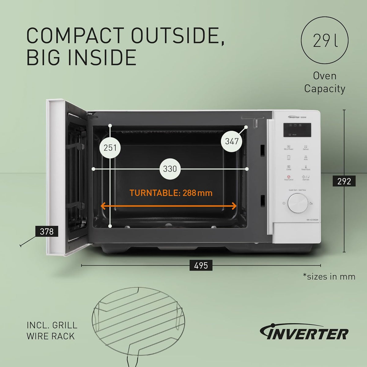 Panasonic NN-GD34QWEPG 29L Micro-ondes grill, 1000 W, décongélation automatique, cuisson combinée, minuterie, blanc
