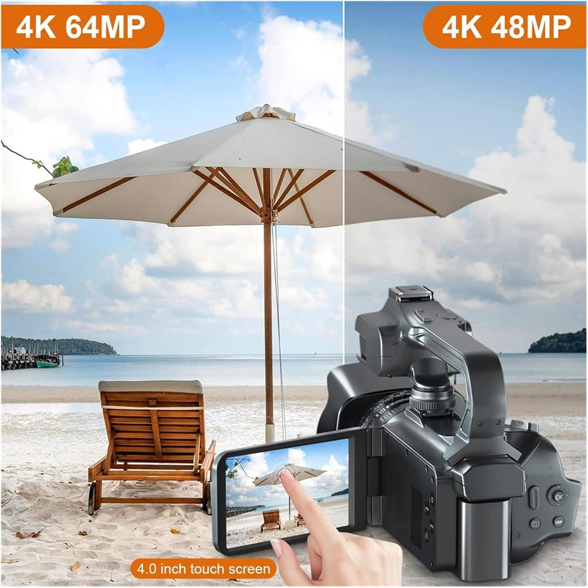 Camescope Numerique, Caméra vidéo 4K diffusion en direct caméscope professionnel 64MP photographie appareil photo numérique rotation écran tactile enregistreur Vlog(32G SD Card,With Microphone)