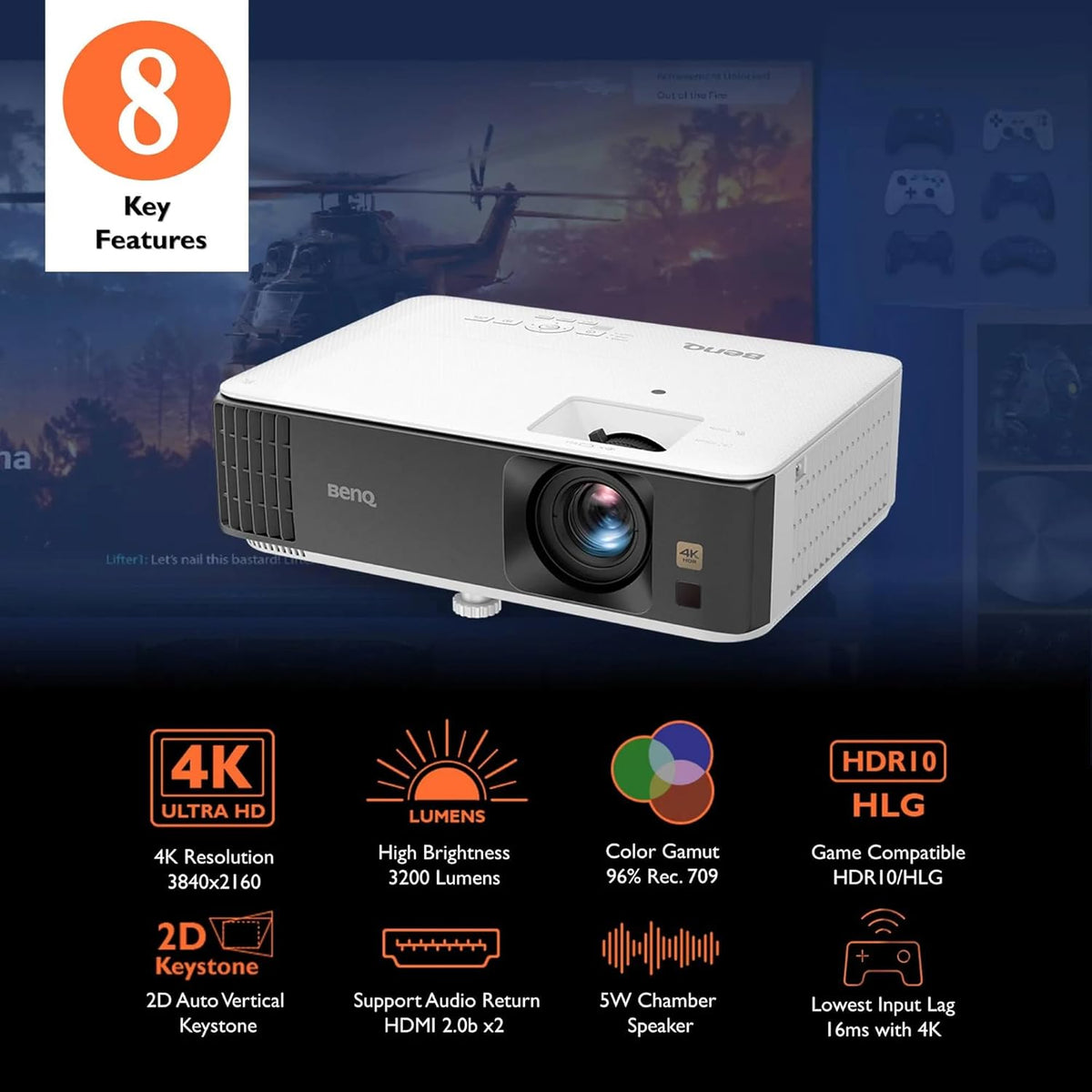BenQ TK700 vidéoprojecteur Gaming 4K HDR avec HDMi - 2.0 * 2 | 60hz @ 4K | 240hz @ 1080p | 3200 Al | Mode Jeu | Haut-Parleur Chambre 5W | 2D Keystone | 3D | PS5 | Series X