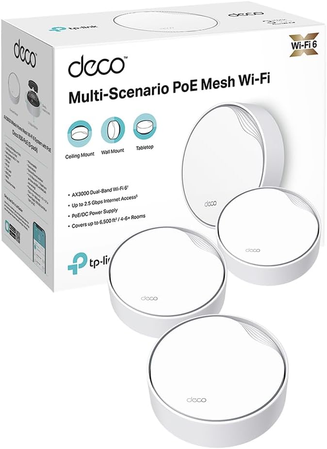 TP-Link Deco WiFi 6 Mesh AX3000Mbps bi-Bande avec PoE Deco X50-PoE(3-Pack), Couverture de 600㎡, 1 Port 2,5 Gbit/s + 1 Port Gigabit, AI-Driven Mesh