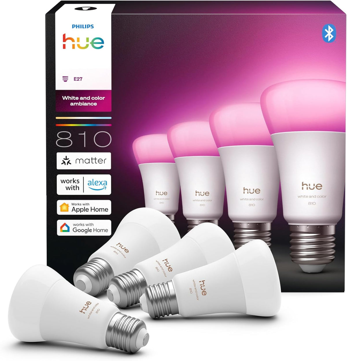 Hue Ampoule LED connectée A60, White and color, Culot E27, 6 W, Spectre complet 1000-2000 K, 810 lumens, Intensité variable, Compatible avec Alexa, Google Assistant et Home, pack de 4