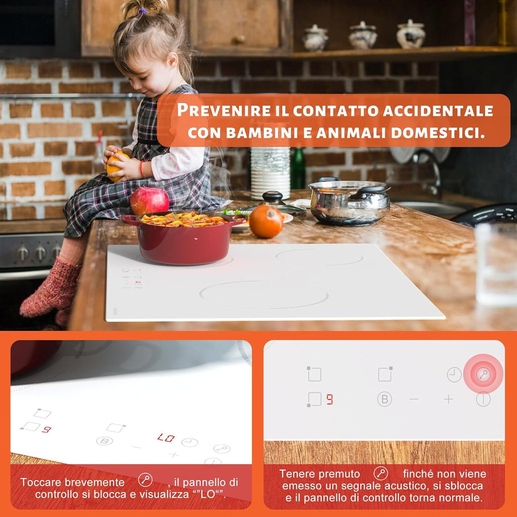 NOXTON Plaque à induction, 3 plaques blanche, 60 cm, encastrable avec commande tactile, booster, minuterie, sécurité enfant, 220 V-240 V, 3500 W, avec prise