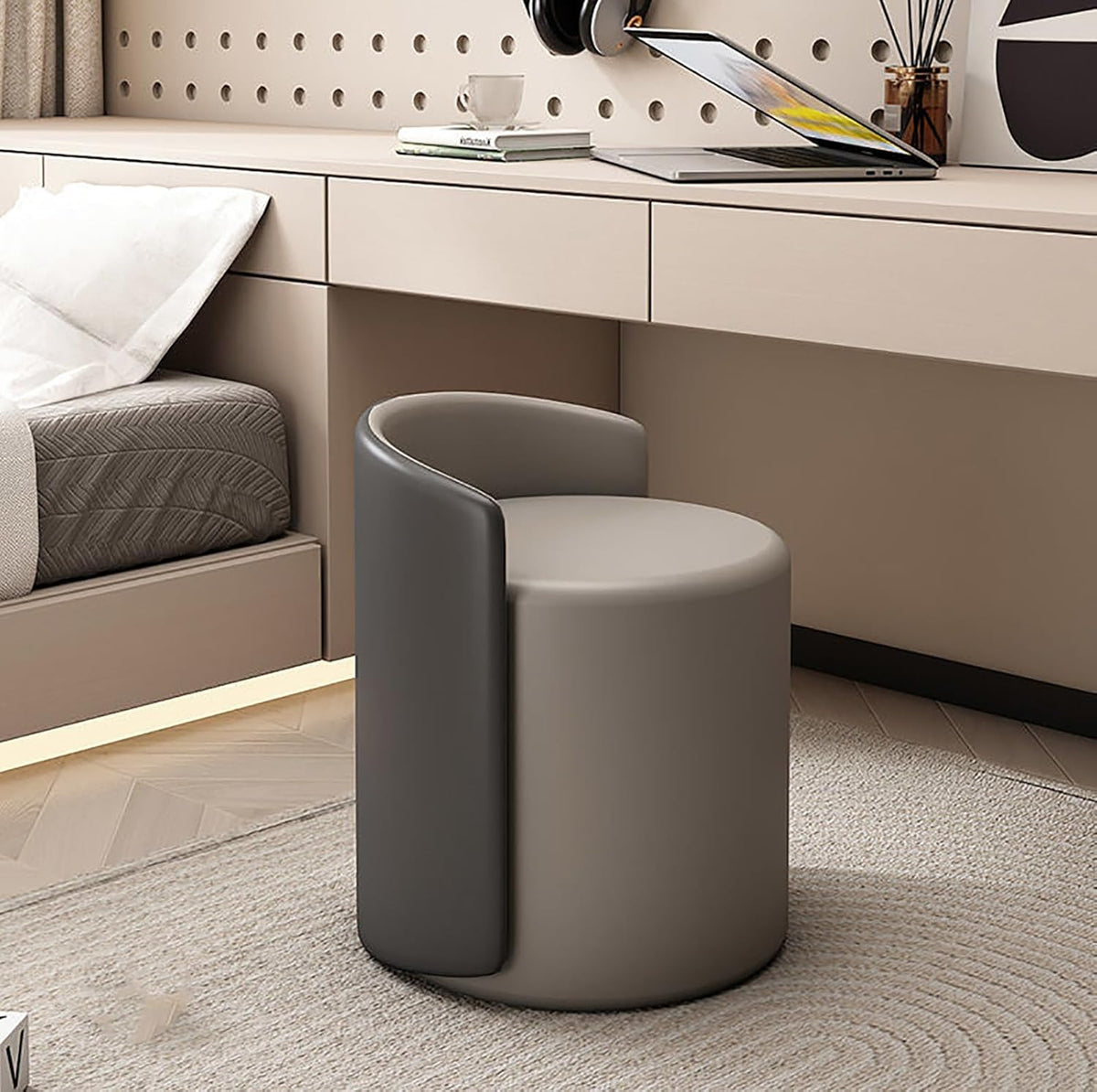 Tabouret de coiffeuse pivotant à 360 ° avec dossier bas pour chambre à coucher et étude, siège confortable gris pour beauté et toilettage