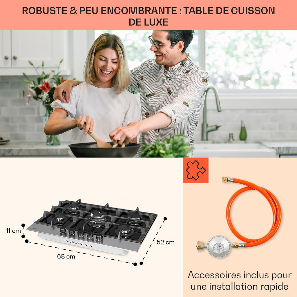 Klarstein 10.4 kW Inox Plaque de Cuisine Gaz Encastrable 5 Feux, Table de Cuisson à Gaz 5 Brûleurs, Piano Gaz en Acier Inoxydable