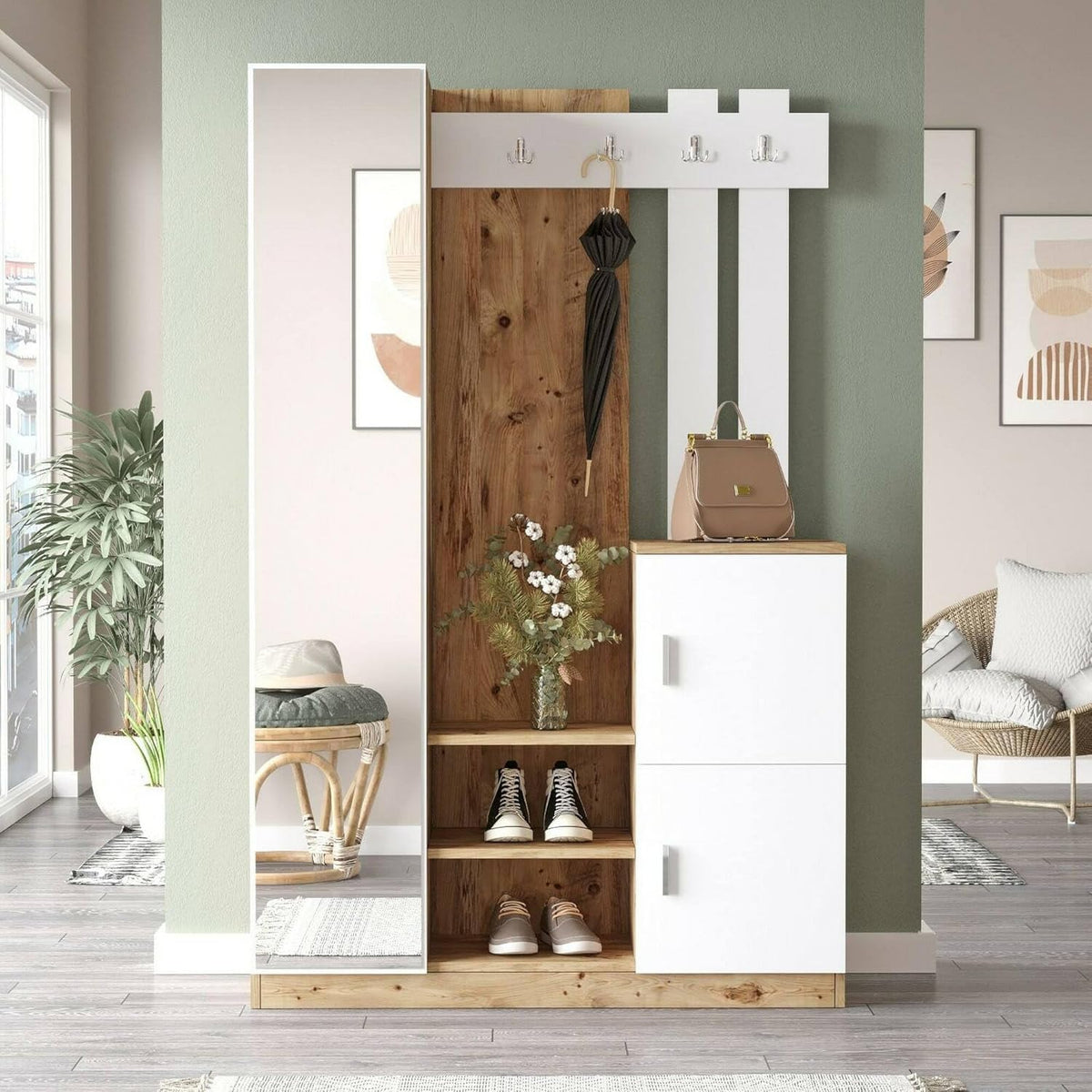 Dmora - Meuble d'entrée Australis, Crochet d'entrée, Composition pour l'atrium, Console de Rangement Multifonction, 114x38h180 cm, Chêne et Blanc