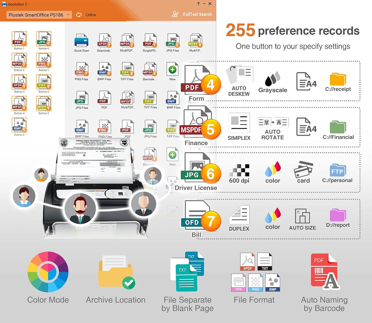 Plustek Smartoffice PS186 - Scanner de Documents de Bureau (numérisation Recto-Verso, DIN-A4, 600 dpi), pour Windows