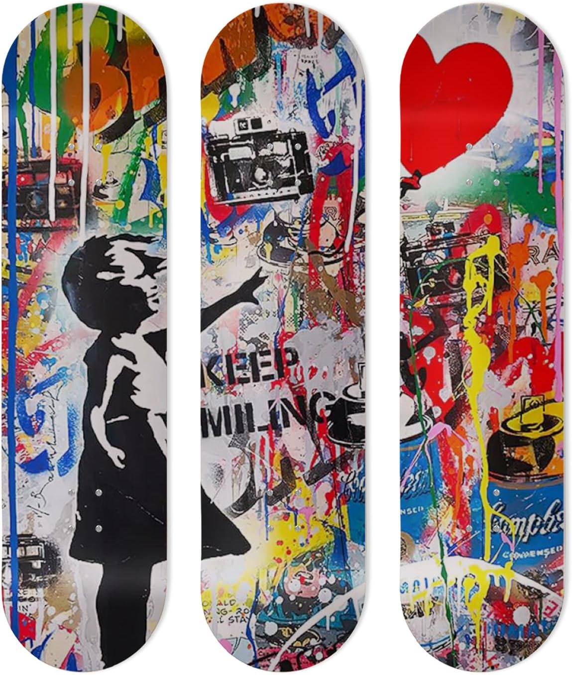 SUPER FABRIQUE Planche Alu forme Skate Board pour décoration murale, Keep Smiling inspired by Mr Brainwash, pour une déco originale (3 Planches)