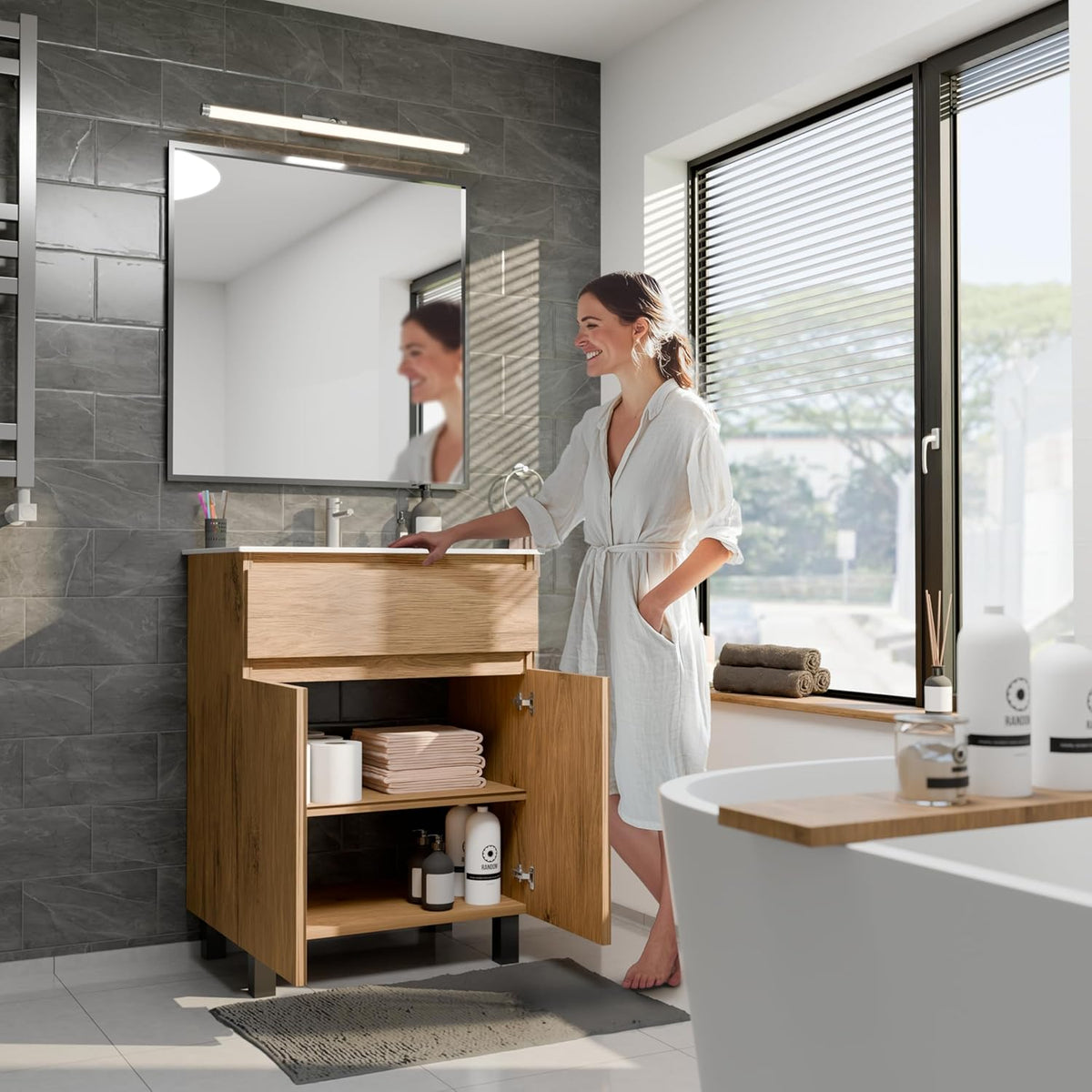 paplinskimoebel Meuble Salle de Bain 60 cm avec Vasque Ariza Sink | Meuble sous lavabo avec 1 tiroir et 2 Portes | Suspendu ou Debout | Bois Chêne