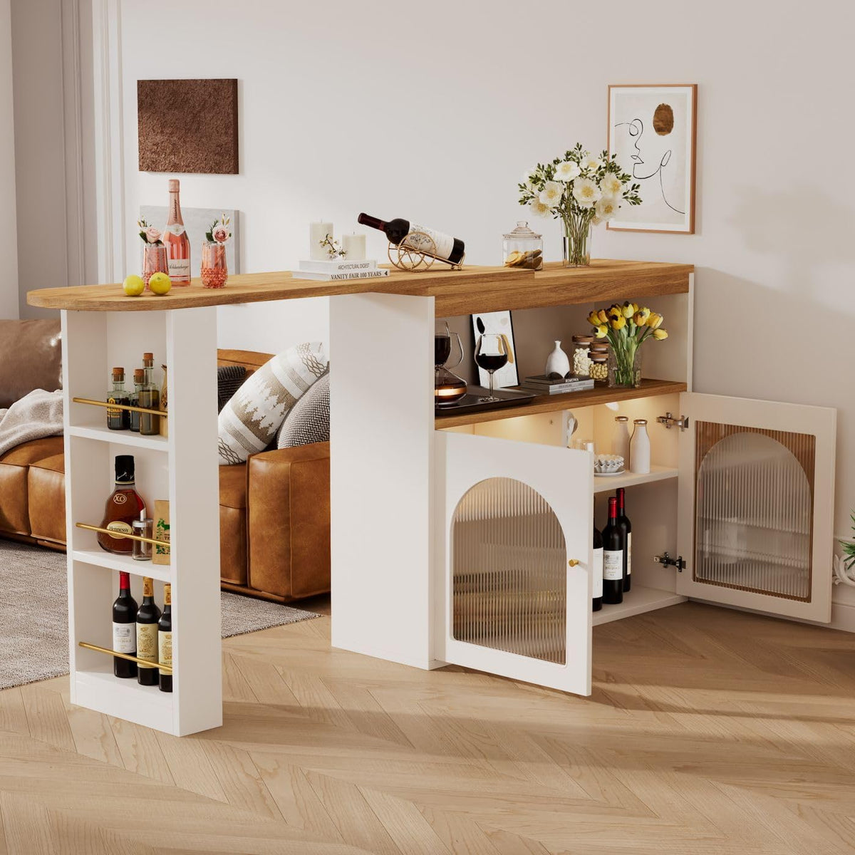 Sweiko Bar télescopique Table Moderne avec Espace de Rangement, Table d'appoint Haute, pivotante,Meuble de Rangement pour la Salle à Manger (White)