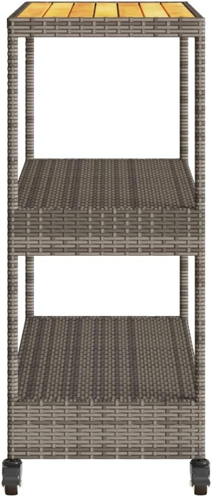 Tomostar Desserte de Jardin, Chariot de Bar Desserte Extérieur 3 Niveaux Gris rotin et Bois d'acacia Massif