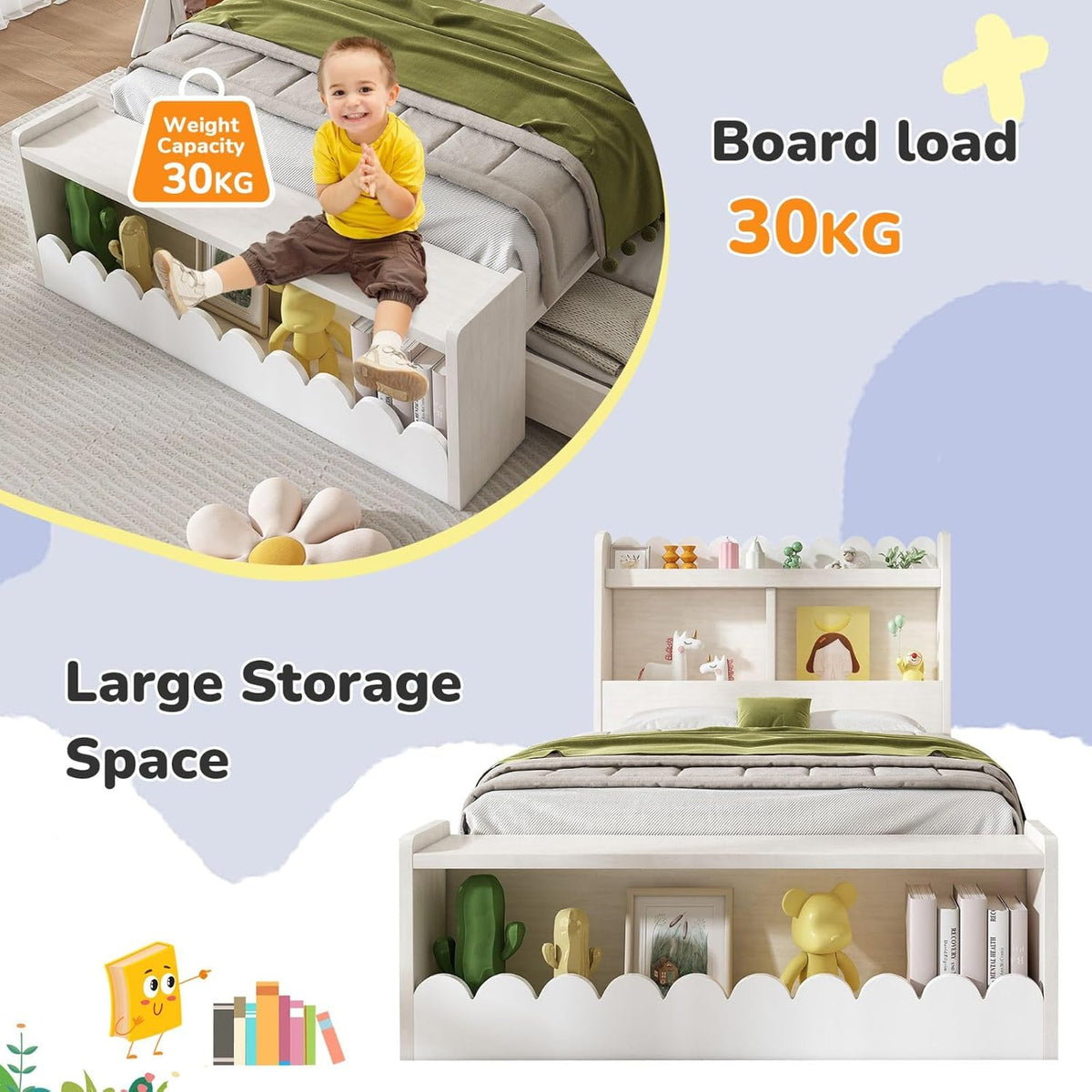 KOMHTOM Lit d'enfant en Bois avec 2 Tiroirs et Espace de Rangement - Lit Simple avec Support à Lattes, 90x200 cm