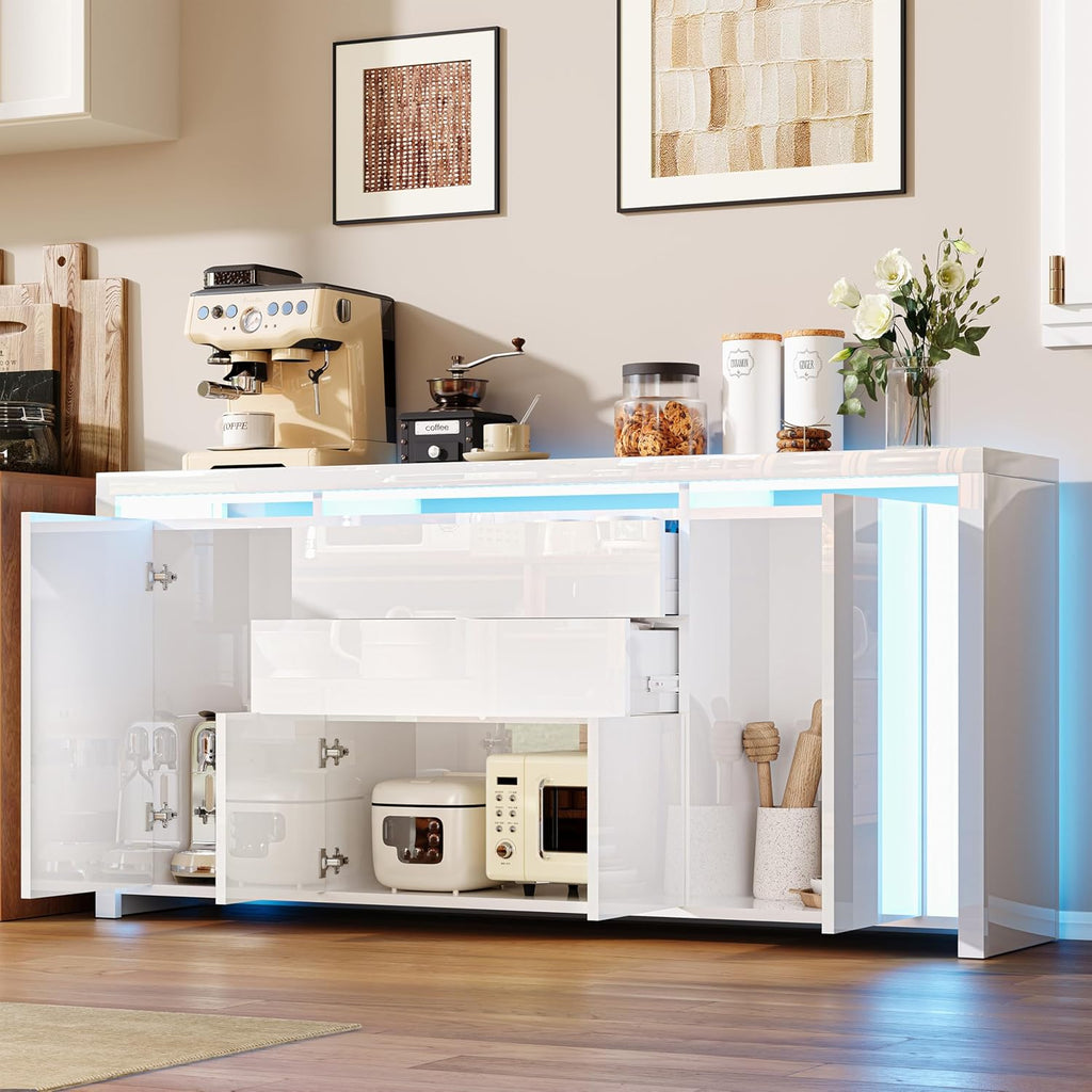 LONELYO Buffet Blanc Laqué 4 Portes2 Tiroirs avec Éclairage LED, Meuble de Rangement Moderne pour Salon, Cuisine ou Entrée, Design Haut Brillant Blanc