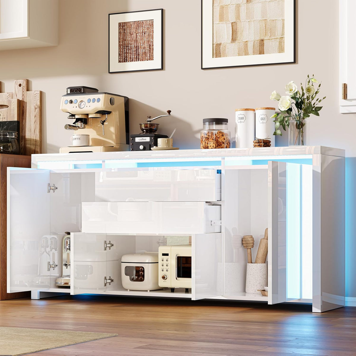 LONELYO Buffet Blanc Laqué 4 Portes2 Tiroirs avec Éclairage LED, Meuble de Rangement Moderne pour Salon, Cuisine ou Entrée, Design Haut Brillant Blanc