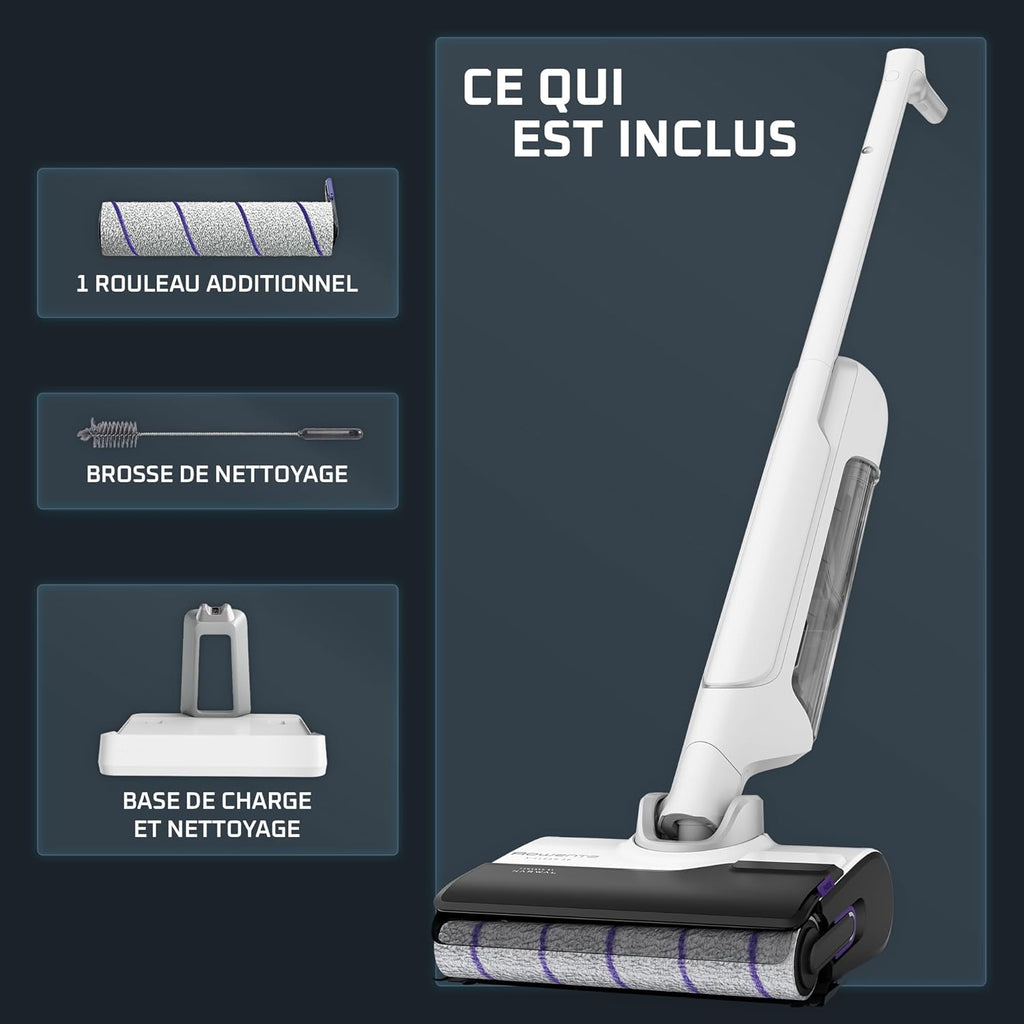 Rowenta X-Clean 10, Aspirateur Laveur sans fil, Design Plat 180°, Auto-Nettoyage et séchage 65°C, Autonomie 60min, Parfait pour Tâches Tenaces et Poils d’Animaux GZ7540WO, Blanc