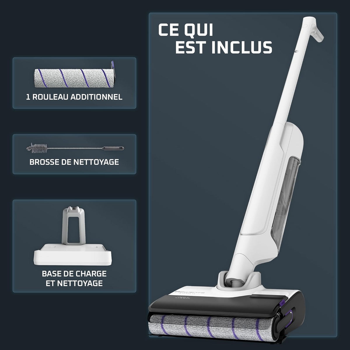 Rowenta X-Clean 10, Aspirateur Laveur sans Fil, Inclinable 180°, Auto-Nettoyage et séchage 65°C, 60min, pour tâches tenaces, Poils d’Animaux YY5785FE, Blanc
