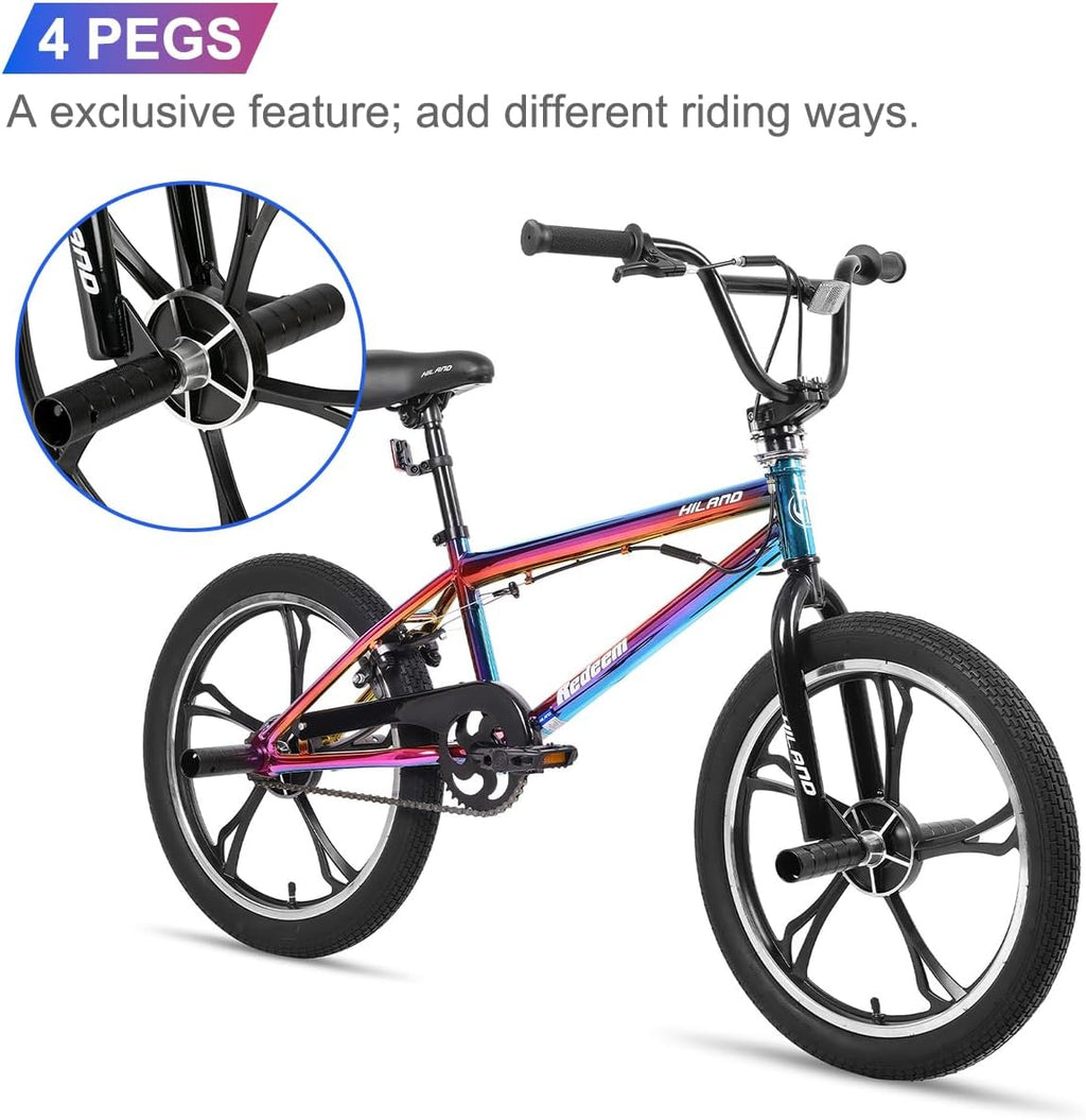 HILAND Vélo BMX 20 Pouces, 5 Rayons, Rotor 360°, Freestyle, 4 pegs, Convient aux Jeunes pour l'entraînement et Les Cascades, Couleur