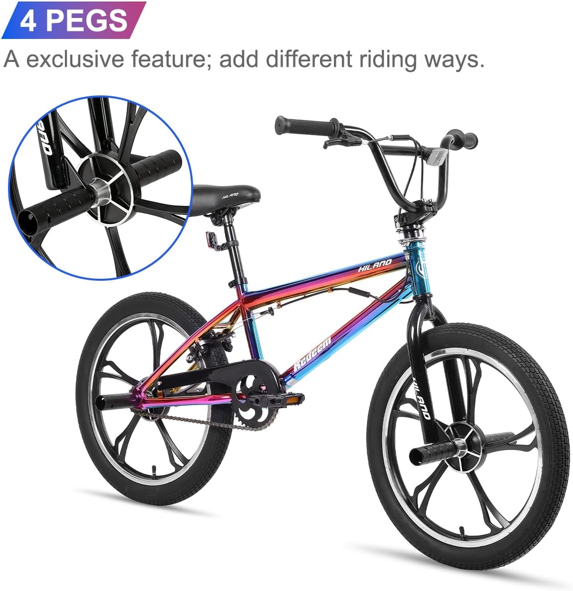 HILAND Vélo BMX 20 Pouces, 5 Rayons, Rotor 360°, Freestyle, 4 pegs, Convient aux Jeunes pour l'entraînement et Les Cascades, Couleur