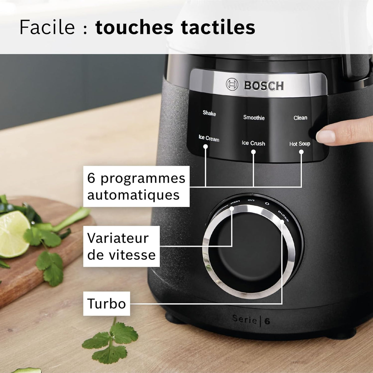 Bosch, VitaPower Série 6, blender haute performance, moteur 1800 watts, vitesse du moteur jusqu'à 45 000 tr/min, 6 programmes automatiques, bol résistant en tritan, noir, MMB6652B