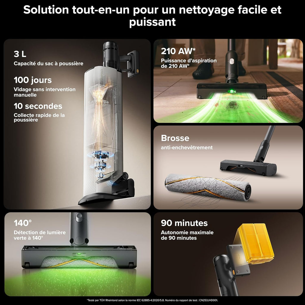 roborock H60 Hub Ultra Aspirateur Balai sans Fil avec Station Auto-Vide, 210AW, 90Min d’Autonomie, Brosse Anti-Enroulement, Détection Poussière LED 140°, Accessoires Tous Sols