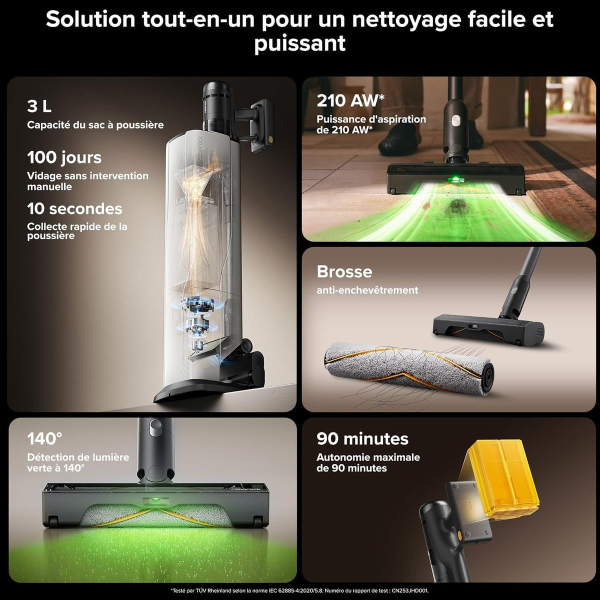 roborock H60 Hub Ultra Aspirateur Balai sans Fil avec Station Auto-Vide, 210AW, 90Min d’Autonomie, Brosse Anti-Enroulement, Détection Poussière LED 140°, Accessoires Tous Sols