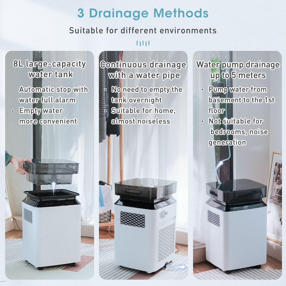 iOCHOW Déshumidificateur Électrique à Compresseur 50L/Jour: Grand Déshumidificateur Portable Intelligent avec Minuterie 24 Heures, Drainage par Pompe à Eau, R290 Écologique Pour la Maison et le Bureau