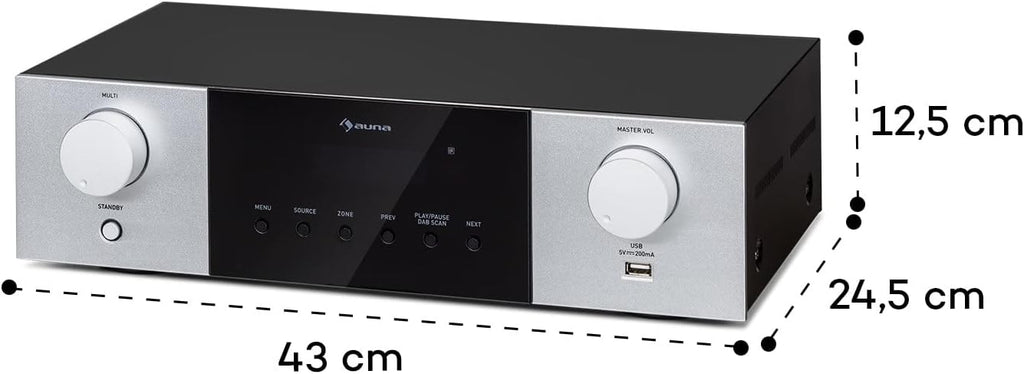 AUNA AMP-4000 Radio DAB+, Amplificateur Stéréo HiFi avec Télécommande USB, Écran LED, Noir et Blanc