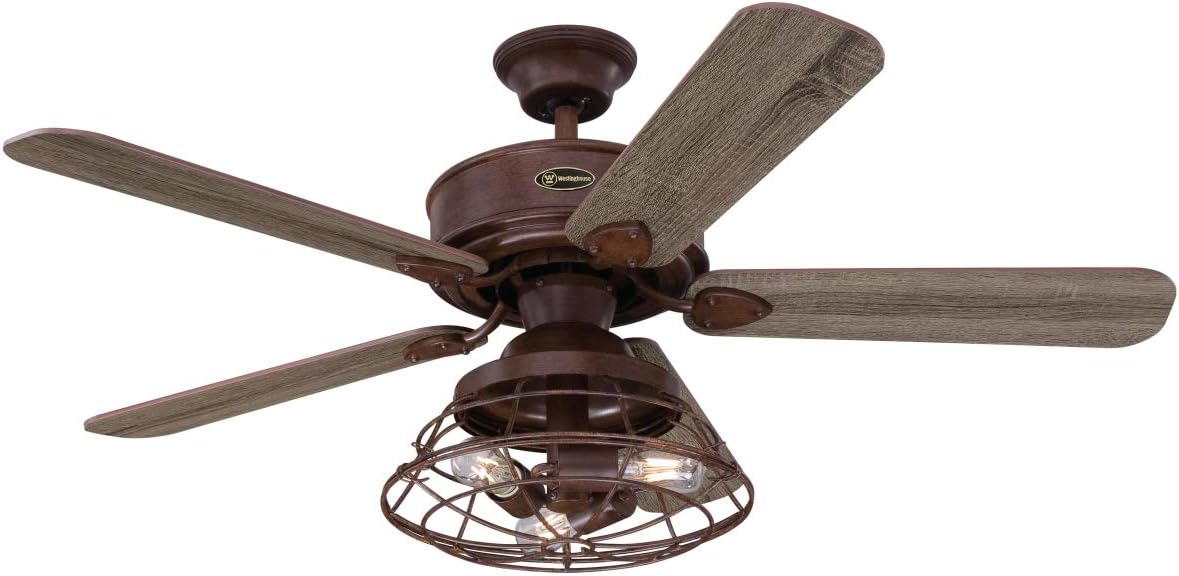 Westinghouse Lighting 7220540 Ventilateur de Plafond D'Intérieur Barnett de 122 cm en Bois Nu, Kit DÉclairage LED à Variateur avec Abat-Jour Cage, Télécommande Incluse