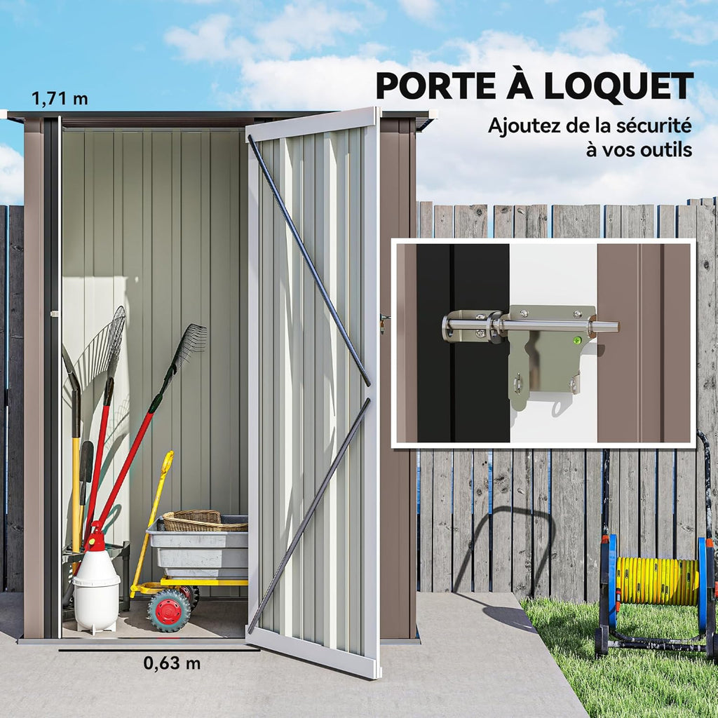 Outsunny Abri de Jardin 1 m² - abri à Outils - cabanon Porte verrouillable - dim. 142L x 84 x 189H cm - Acier galvanisé Marron