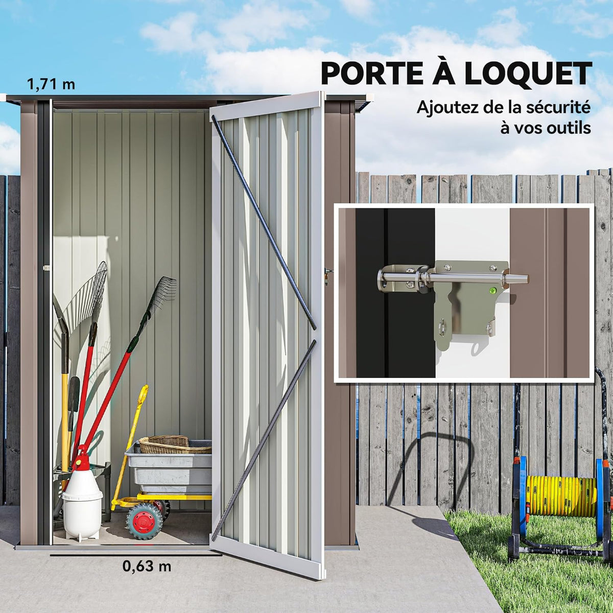 Outsunny Abri de Jardin 1 m² - abri à Outils - cabanon Porte verrouillable - dim. 142L x 84 x 189H cm - Acier galvanisé Marron