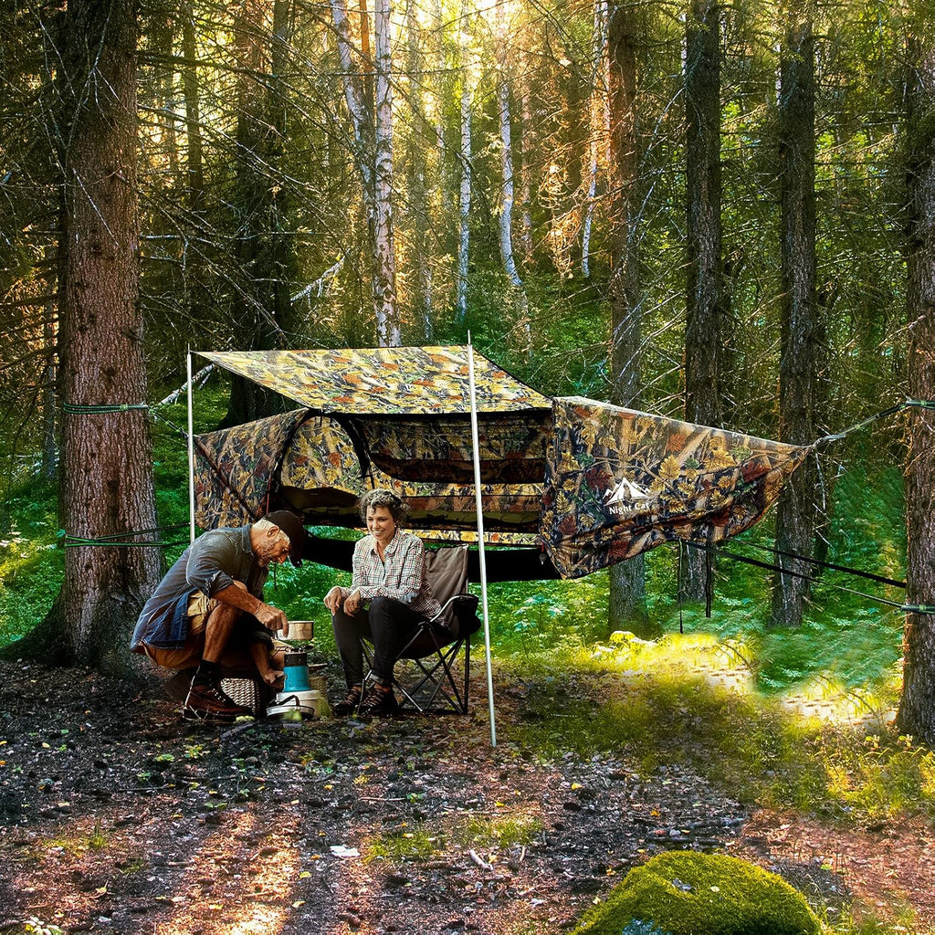 Night Cat Hamac Tente Fond Plat pour 1 Personne avec Moustiquaire Couverture Imperméable et Espace de Rangement Supplémentaire Randonnée Camping dans Jardin Arrière Cour Sauvage