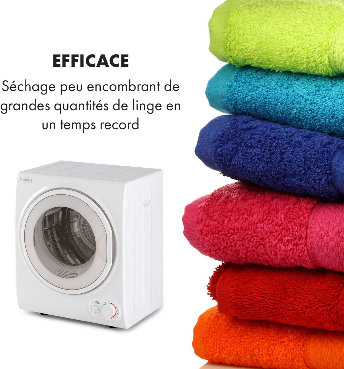 KLARSTEIN Jet Set 2500 - sèche-linge, par extraction, chargeur frontal, 850 W, pose libre/encastré, 2,5 kg, élément chauffant PTC, réglable jusqu'à 60 °C, minuterie 20 à 200 mn, compact, blanc