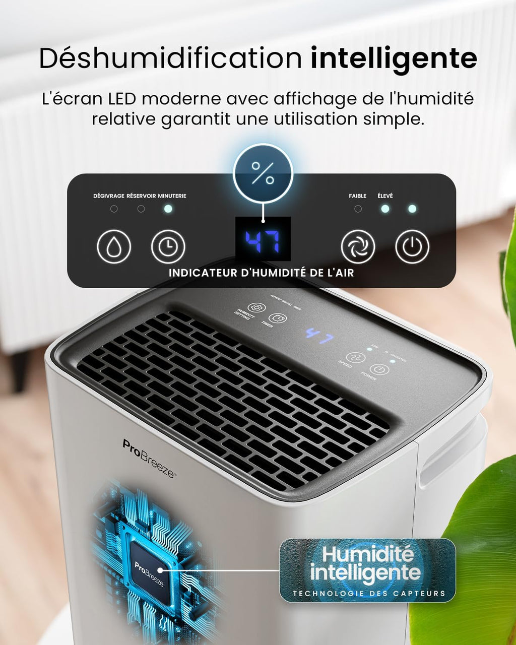 Pro Breeze Déshumidificateur d Air 12L/jour, Éliminateur de Moisissure Noire, Absorbeur d'Humidité Automatique, Sèche-linge, Déshumidificateur Compresseur Portable Silencieux, Minuterie 24h
