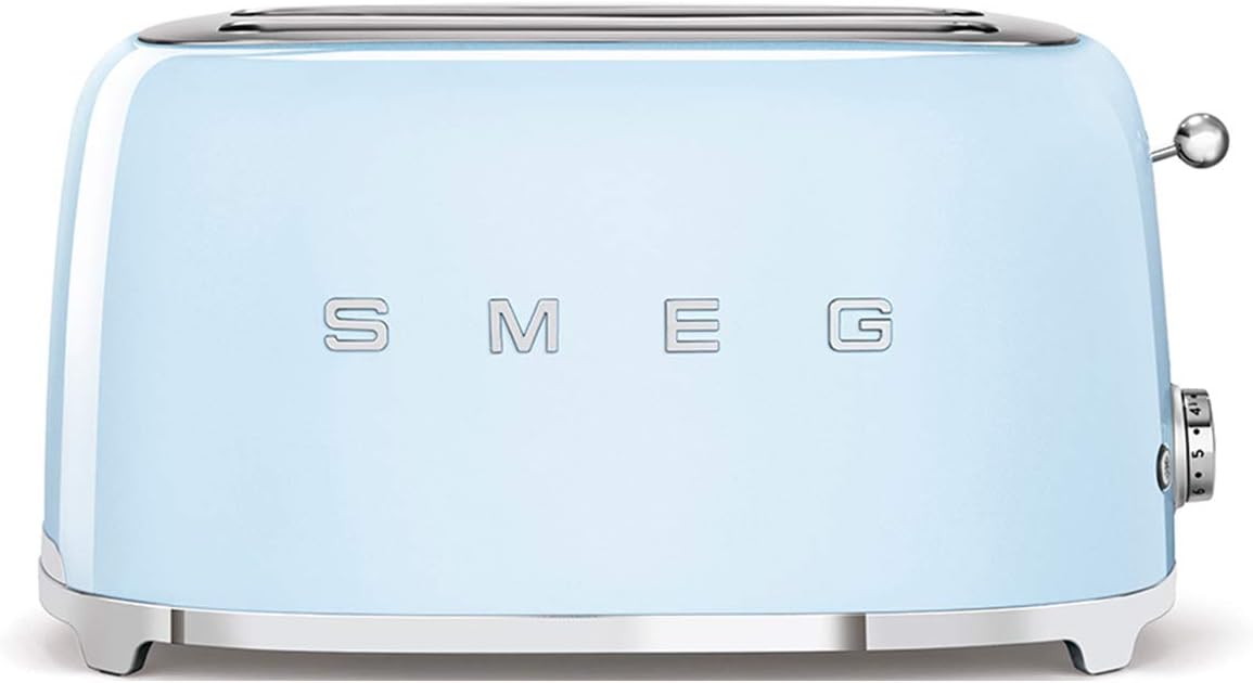 Smeg, Grille-pain 4 Tranches TSF02PBEU, 2 Fentes 36 mm, 6 Niveaux de Brunissage, Fonction Chauffage, Décongélation et Bagel, Éjection Automatique du Pain, Ramasse Miettes, 1500 W, Bleu Clair Pastel