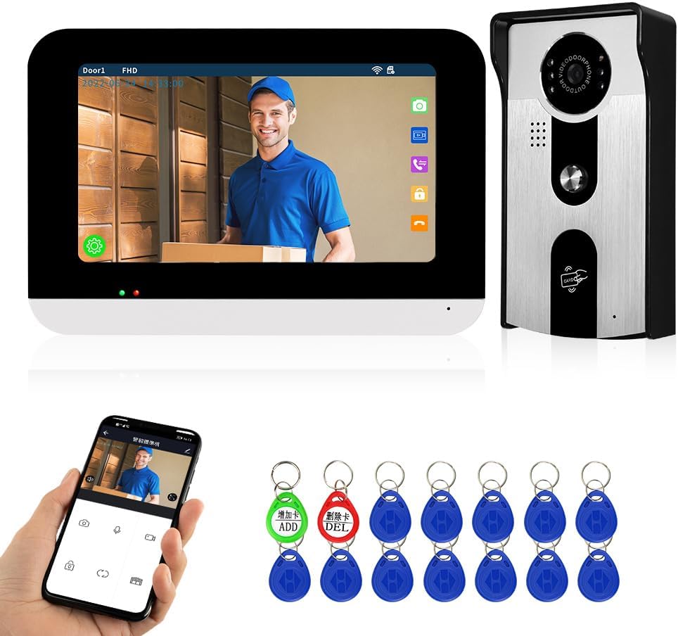 Wifi Tuya Accueil Vidéo Sonnette Interphone Système 7 Pouces Couleur écran Tactile Affichage Intérieur + 1080P HD RFID Caméra Extérieure IR Vision Nocturne