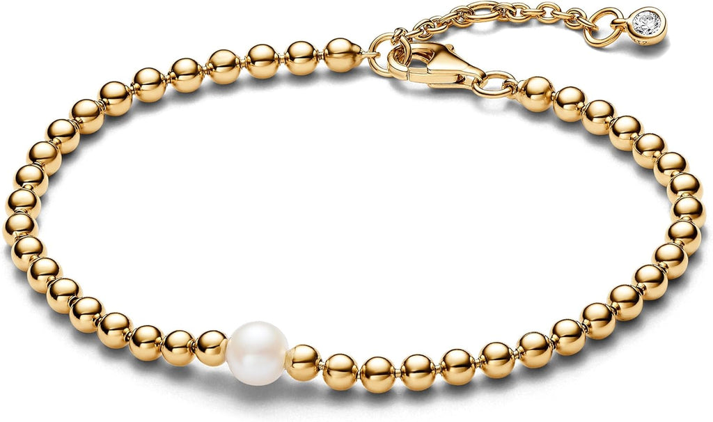 PANDORA Timeless Bracelet Sphère en métal plaqué or 14 carats avec perle de culture d’eau douce traitée blanche et zircones cubiques transparentes