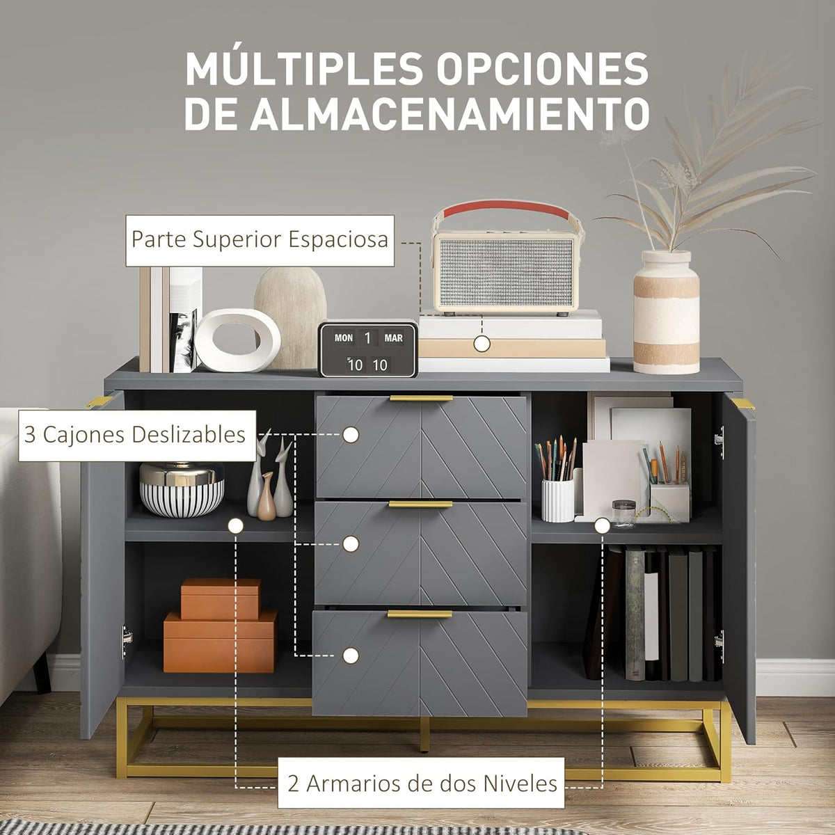 HOMCOM Buffet moderne pour salon avec 3 tiroirs, 2 portes et étagère réglable, pour salon, anti-renversement, 120 x 40 x 76 cm, gris