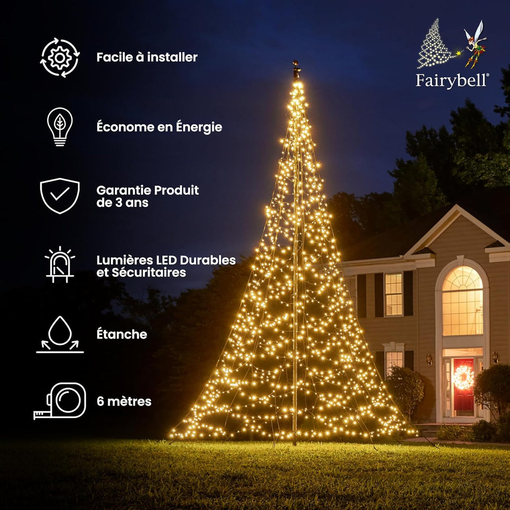 Fairybell Sapin de Noël à LED pour l'extérieur - 6 mètres - 1200 LEDs - Sapin de Noël dans Un mât de Drapeau - Blanc Chaud - mât Non Compris