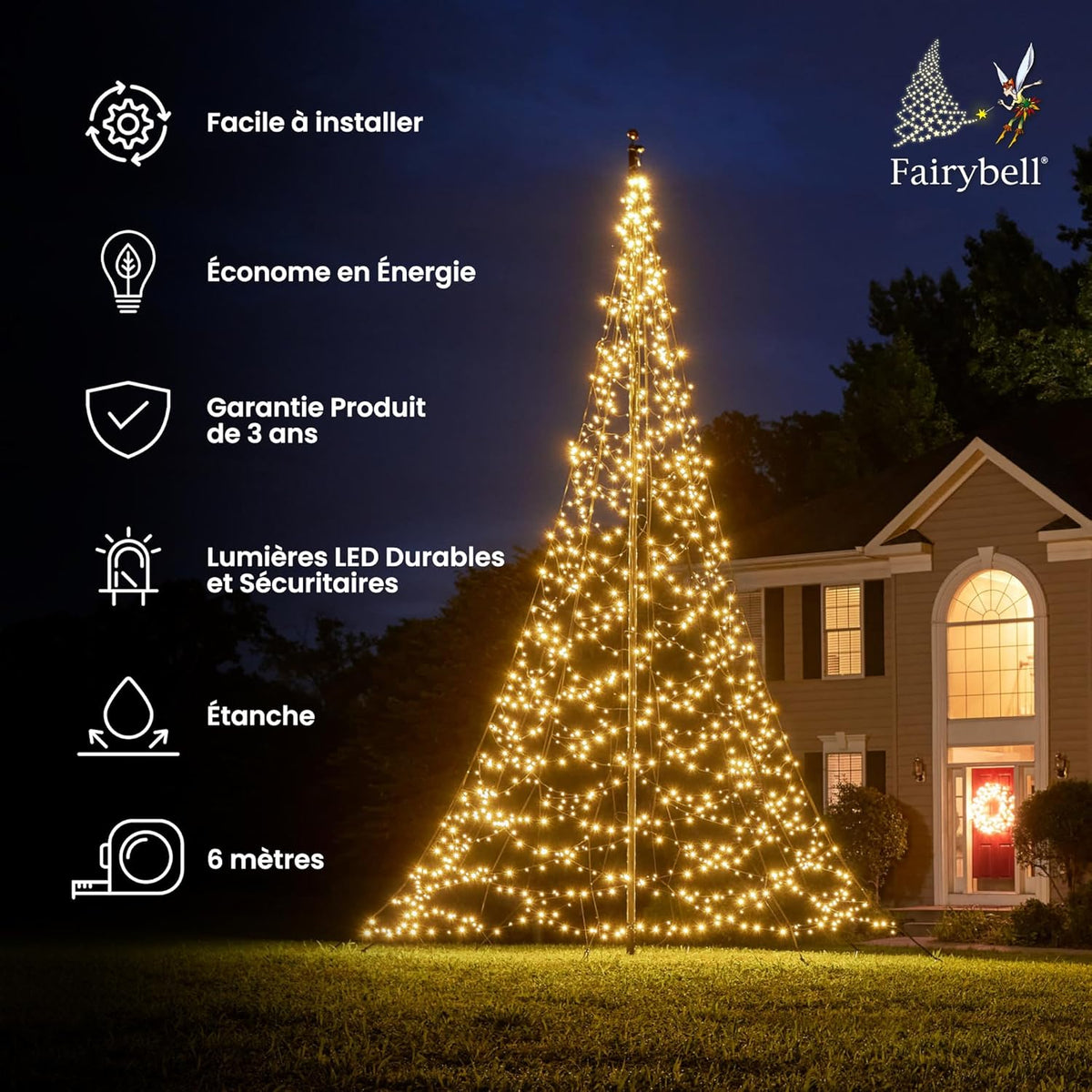 Fairybell Sapin de Noël à LED pour l'extérieur - 6 mètres - 1200 LEDs - Sapin de Noël dans Un mât de Drapeau - Blanc Chaud - mât Non Compris