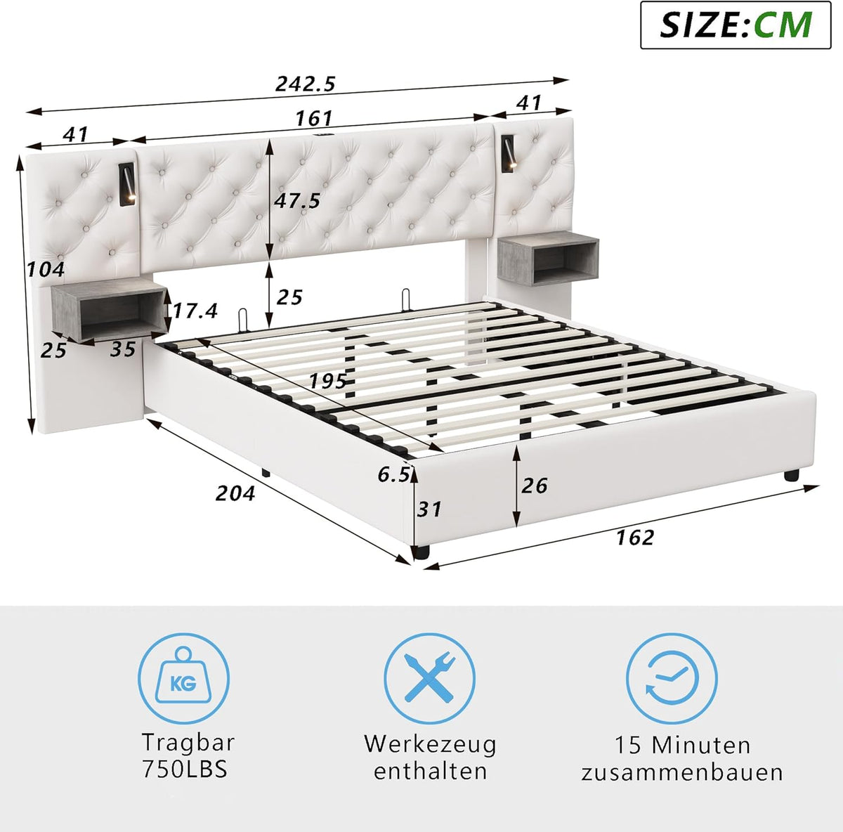 Julyue Lit double avec tables de chevet, 160 x 200 cm, rembourré, lampe de lecture et USB, hydraulique, rangement, cadre en bois, blanc