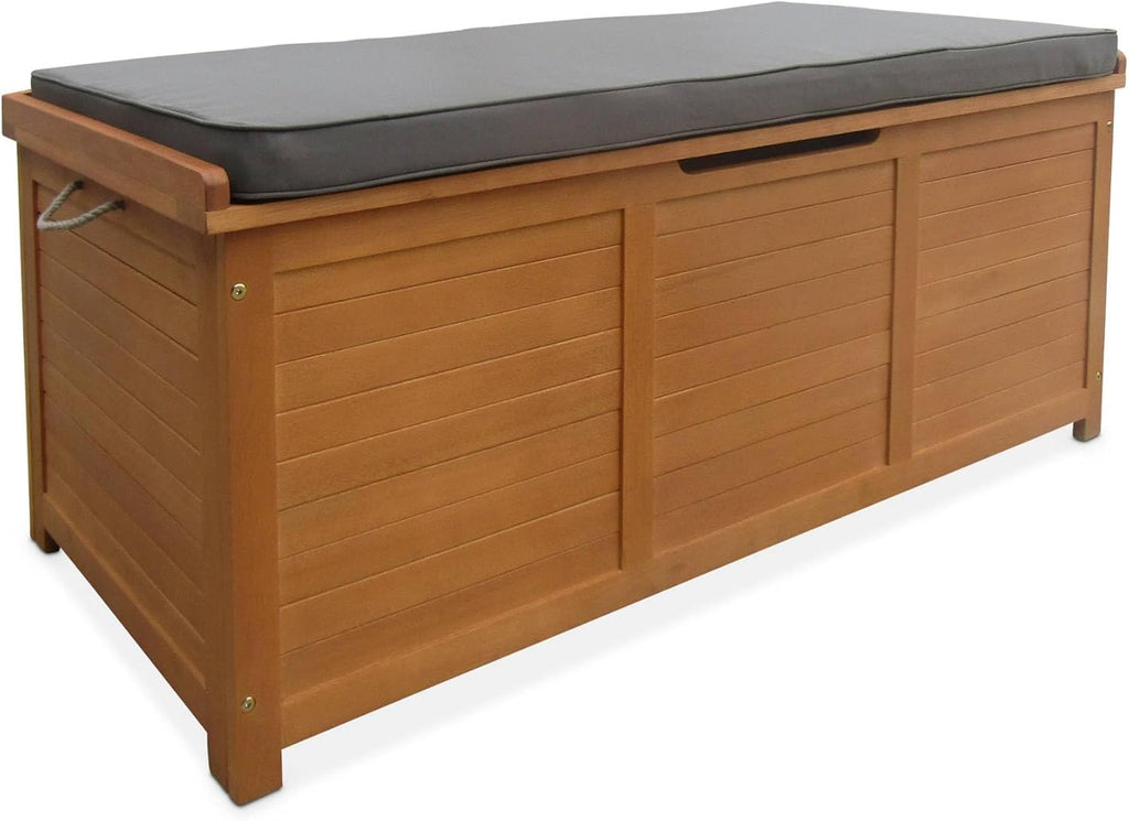 Coffre de Jardin en Bois - Caja - 125x60cm Rangement Coussins avec vérin et poignées (Gris)