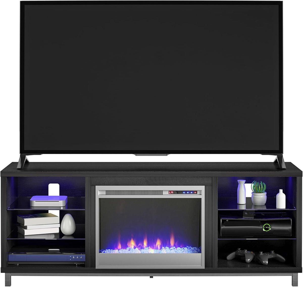 Ameriwood Home Meuble TV avec cheminée Lumina, chêne Noir, pouvant accueillir des téléviseurs jusqu'à 70 Pouces, Meuble multimédia Moderne avec éclairage LED RGB