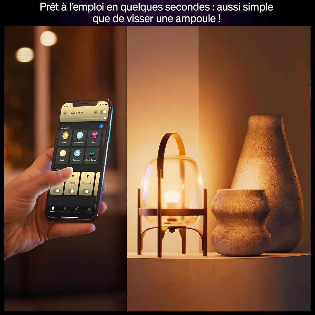 Hue Ampoule LED connectée A60, White and color, Culot E27, 6 W, Spectre complet 1000-2000 K, 810 lumens, Intensité variable, Compatible avec Alexa, Google Assistant et Home, pack de 4